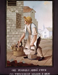 Piccoli mestieri napoletani: il venditore ambulante di prodotti alimentari (droghiere). Acquerello del XIX secolo. Napoli, Museo Nazionale di San Martino