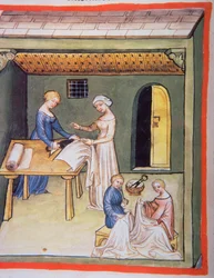 La bottega dei sarti: vestiti di lino, dal Tacuinum Sanitatis