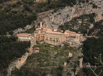 Veduta del Monastero di San Benedetto (Sacro Speco) costruito dal XII secolo, Subiaco (Roma), Italia