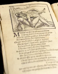 Pagina da "Sonetti Lussuriosi" di Pietro Aretino, illustrata da Giulio Romano e incisa da Marcantonio Raimondi, pubblicata a Venezia, c.1527