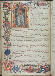 Pagina di notazione musicale con iniziale istoriata, dal Codice Squarcialupi, prodotto nel monastero fiorentino di S. Maria degli Angeli
