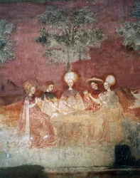 Giocare con le carte dei tarocchi, scena dal ciclo dei Giochi, ca 1445-1450, affresco, Palazzo Borromeo, Milano, Lombardia, Italia