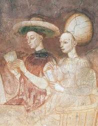 Giocare con le carte dei tarocchi, scena dal ciclo dei Giochi, ca 1445-1450, affresco, Palazzo Borromeo, Milano, Lombardia (dettaglio)
