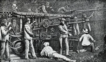 Macchina perforatrice pneumatica creata da Giovanni Battista Piatti e perfezionata da Germano Sommeiller (1815-1871), incisione Italia
