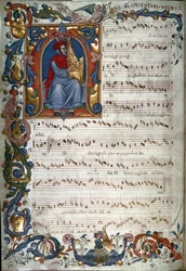Ritratto di Francesco Landino e uno spartito musicale, illustrazione dal "Codice Squarcialupi", c.1325-35