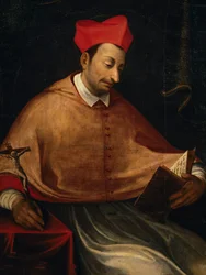 Ritratto di san Carlo Borromeo (1538-1584), arcivescovo e cardinale italiano, dipinto di autore anonimo, chiesa di San Carlo, Arona, Piemonte, Italia