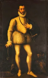 Ritratto di un gentiluomo, figura intera, con giubba bianca ricamata, mantello e spada, c.1580
