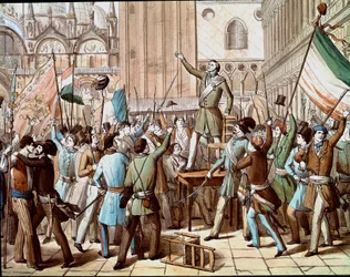 Rappresentazione di Daniele Manin (1808-1857), politico che guidò la rivoluzione di Venezia contro la presenza austriaca nel 1848: la proclamazione della Repubblica Veneta nel marzo 1848