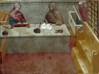 Rappresentazione di un camerlingo, assistente di un copista Dipinto anonimo su legno di una Biccherna (copertina del registro contabile della città di Siena) 1388. Siena Archivio di Stato, Italia