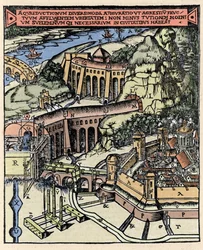 Rappresentazione di un acquedotto. Incisione colorata da "De Architectura" di Vitruvio - Edizione di Gottardo da Ponte, Como