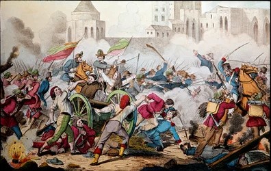 Risorgimento: Le battaglie di Palermo del 26 maggio 1860. Spedizione dei Mille (camicie rosse). Giuseppe Garibaldi (1807-1882) tra Palermo e il popolo in rivolta si unì a lui per combattere i soldati del regno borbonico di Napoli. Incisione del 19° secolo