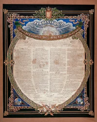 Risorgimento: costituzione proclamata dal re Ferdinando II delle Due Sicilie (1810-1859) nel 1847. Napoli, Museo Nazionale di San Martino, Italia