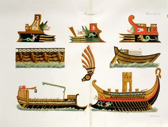 Navi romane con dettagli delle polene, tavola 23, classe 5 dalla Parte I de La storia delle nazioni, incisa da Simonetti