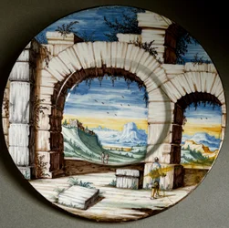 Rovine e paesaggio (piatto in ceramica, Angarano, ca. 1650)