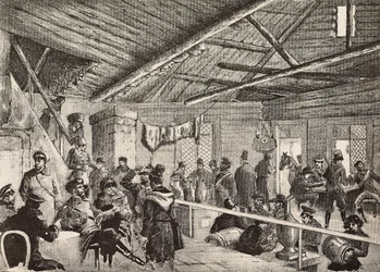 Soldati russi in una taverna vicino alle fortificazioni di Varsavia, Polonia, incisione da schizzo di Fritzmann, da L