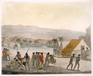 Isole Sandwich - un occidentale che negozia per le provviste, tavola 92 da Le Costume Ancien et Moderne, di Jules Ferrario, pubblicato c.1820s-30s