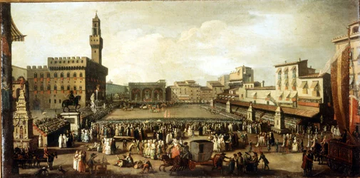 Spettacolo in Piazza della Signoria a Firenze. Olio su tela