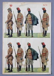 Soldati in uniforme Ascari, soldati ritagliati in carta, stampa litografica dorata, realizzata da Stella, Italia, XX secolo