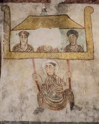San Procolo che dondola su una corda (dettaglio), affreschi (VIII secolo), Chiesa di San Procolo, Naturno, Val Venosta, Trentino-Alto Adige, Italia