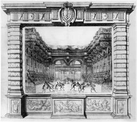 Scenografia di Giacomo Torelli (1608-78) per la Finta Pazza rappresentata nel 1645 al Theatre Petit Bourbon di Parigi, 1654