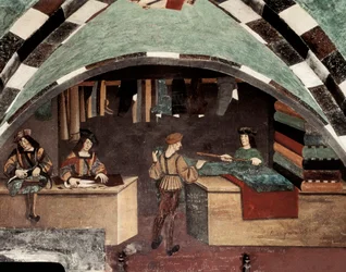 Sartoria. Un uomo cuce, un altro taglia il tessuto e un terzo vende il tessuto a un cliente. Affresco Castello di Issogne (XV secolo)