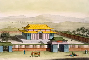 Tempio Daibods in un complesso in campagna, da Costume dei... di Giulio Ferrario, c.1820-30 (litografia colorata a mano)