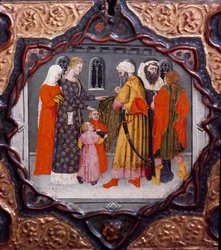 Decima giornata, nona novella: la giornata di Messer Torello e Saladino (1138-1193) (Salah al-Din Yusuf al-Ayyubi). Cassone dipinto che illustra il «Decameron» di Giovanni Boccaccio (Jean Boccaccio) (1313-1375). XV secolo. Firenze, Museo Nazionale del
