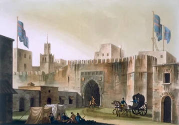La porta Beb Kar a Tunisi, con europei in carrozza trainata da cavalli, c.1820-30