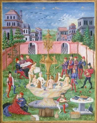 La fontana della vita: cantanti e musicisti in un giardino, miniatura da De Sphaera, di Leonardo Dati