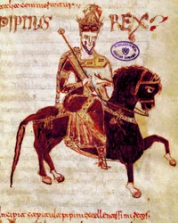 Il Re dei Franchi Pipino il Breve (715-768) Pagina del manoscritto (ms. 4) "Codex Legum Longobardorum" (o Langobardorum) che descrive le leggi del regno longobardo stabilite dal Re Rotari