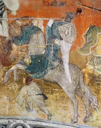 Il mese di febbraio, dettaglio di un cavaliere in un torneo, c.1400