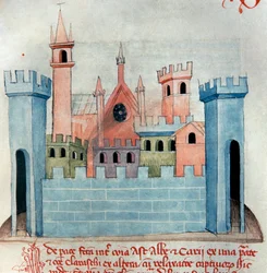 La città di Cherasco nella provincia di Cuneo in Piemonte in Italia. Chiesa e mura e torre di fortificazione della città medievale. Pagina del Codex Astensis o Malabayla. Miniatura del XIII secolo. Asti, Archivio Storico Comunale