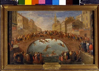 Il gioco del ponte a Venezia. La battaglia dei bastoni sul Ponte Santa Fosca. Dipinto della scuola veneziana. XVIII secolo.