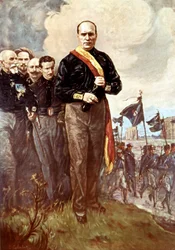 La marcia su Roma: Benito Mussolini cammina verso Roma circondato da camicie nere il 28/10/1922 dopo il quadro (scomparso) di S.Galimberti.