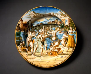 La strage degli innocenti. Piatto in ceramica della bottega Fontana di Urbino, Italia. 1566 circa. Museo Nazionale del Bargello, Firenze