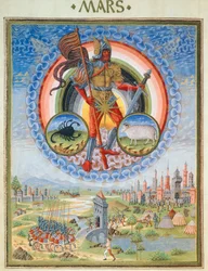 Il pianeta Marte e un castello sotto assedio, illustrazione da 