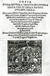 Pagina del titolo per una copia di una lettera inviata dalla corte della regina d