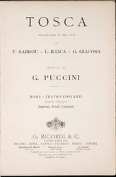 Pagina del titolo, Libretto della Tosca, di Giacomo Puccini, Edizione Ricordi, Italia