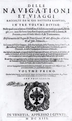 Pagina del titolo del volume I di Delle Navigationi et Viaggi di Giovanni Ramusio (1485-1557) pubblicato nel 1613