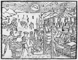 Commercio in Scandinavia, illustrazione da Historia de Gentibus Septentrionalibus di Olaus Magnus (1490-1558), pubblicato a Roma, 1555