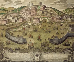 Città di Trieste e il suo porto franco, incisione colorata, Italia
