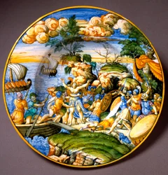 Guerra di Troia: il rapimento di Elena. Piatto in ceramica prodotto a Urbino, Italia. Circa 1550