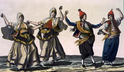 Due danzatrici e due danzatori, tavola 62 della Parte III, Volume I di «La storia delle nazioni», incisa da V. Raineri