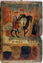 Due ispettori fiscali. Biccherna (copertina del registro contabile della città di Siena). Archivio di Stato - Museo delle Tavolette di Biccherna, Siena. Fine del XIV - inizio del XV secolo.