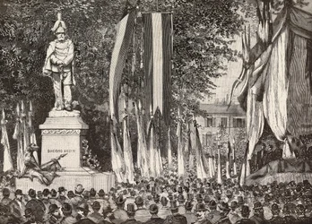 Inaugurazione del monumento al Generale Giacomo Medici, Milano, incisione da disegno di Edoardo Ximenes da fotografia di Rossi, da L