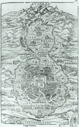 Vista da nord della città azteca di Tenochtitlan, da Relazione della Città di Temistitan di Giovanni Battista Ramusio (1485-1557) pubblicato a Venezia nel 1606