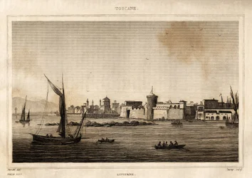 Veduta di Livorno in Toscana. Incisione di Storetti in 