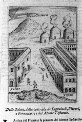 Veduta di una salina, il quartiere dei boscaioli, vetrai e fornai vicino al Monte Testaccio a Roma. Incisione da "Ritratto di Roma Antica" di Filippo de Rossi. 1654