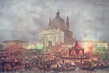Veduta della Chiesa del Redentore e Barche nel Giorno di Carnevale