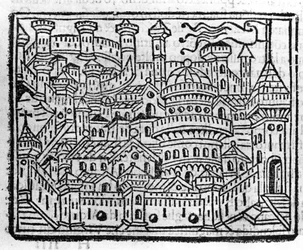 Veduta della città di Aosta in Italia. Incisione in "Supplemento alle cronache" di Fra Jacopo Filippo Foresti, Venezia